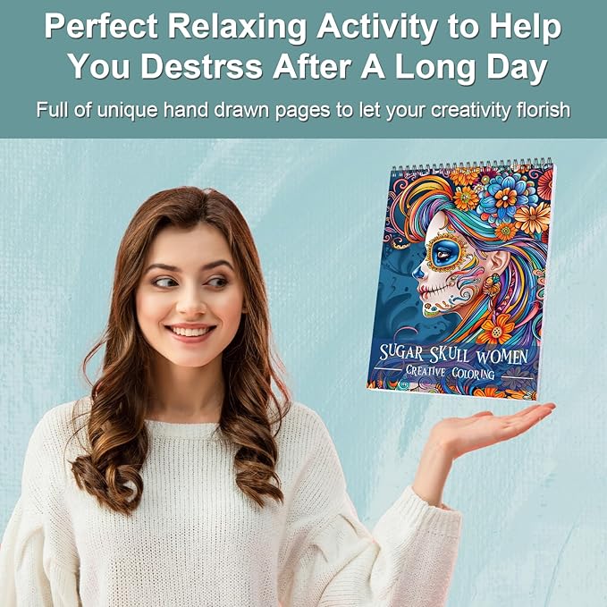 Sugar Skull Women Coloring Book for Adult Spiral Bound, Adult Coloring Book for Women Relaxation, Thick Paper 24 Pages One Sided Design, Mindfulness Easter Gifts for Adults
