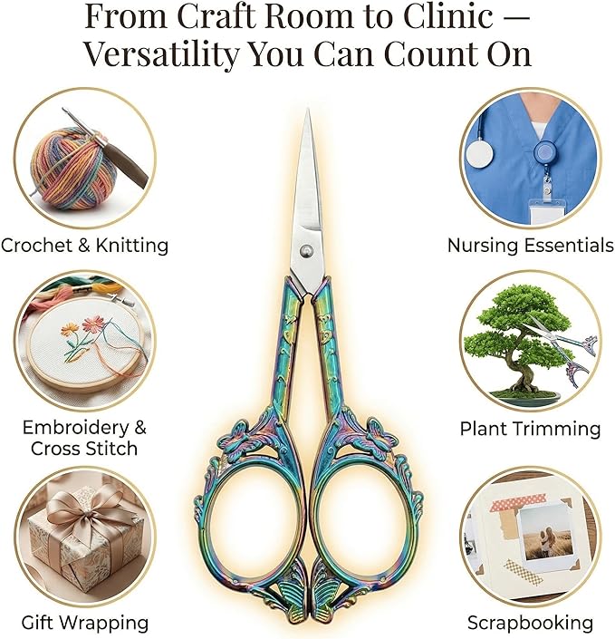 Crochet Scissors with Cover – Rainbow Vintage Small Embroidery Scissors, Sharp Butterfly Craft Scissors for Yarn Thread Sewing Needlework, Pretty Gift for Crocheter Quilter, 4.6 Inch