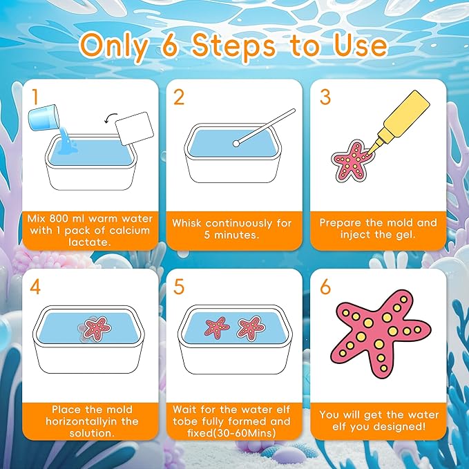 timetome magic water elf toy kit for kids – 20 gels (11 standard + 6 glitter + 3 glow) & 10 molds, diy squishy maker, aqua fairy gel toys, night glow & glitter, birthday gifts for boys & girls 3+