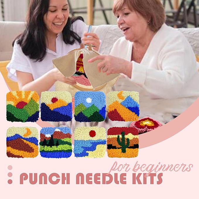 SEREDH Punch Needle Coasters Kit for Beginners Adults Easy Needle Punch Embroidery Tool Set DIY Making Kit Supplies, 8 Pattern Landscape Art Crafts Gifts
