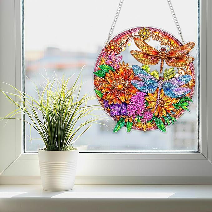 SENQAO Dragonfly Diamond Art Hanging Kit for Adult, Special Shaped Rhinestone, DIY Acrylic 5D Diamond Art Painting Window Pendants Home Garden Wall Hanging Kits Hanging Ornament