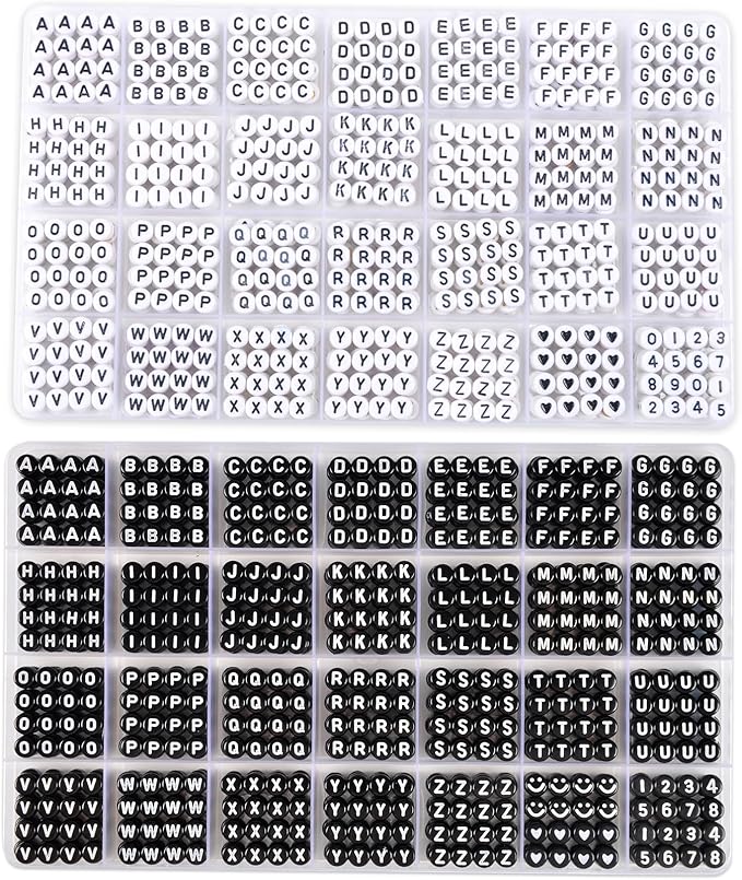 L'EclatDina 1900+ PCS Letter Beads, 2 Box Set Alphabet Beads for Bracelets, Round Number & Heart, 5m Elastic String Jewelry Making Kit, Ideal Gift for Friendship Bracelets (Black and White)