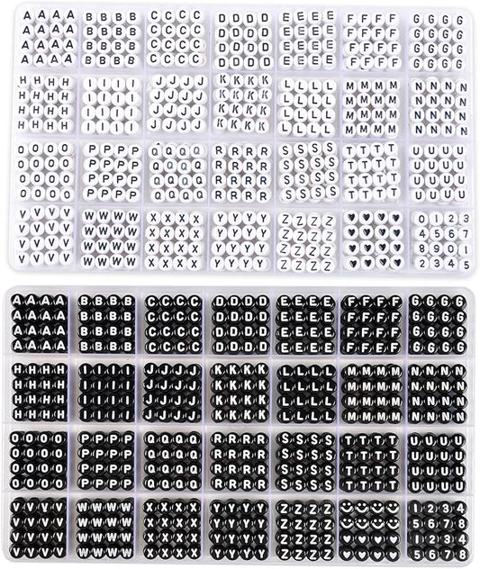 L'EclatDina 1900+ PCS Letter Beads, 2 Box Set Alphabet Beads for Bracelets, Round Number & Heart, 5m Elastic String Jewelry Making Kit, Ideal Gift for Friendship Bracelets (Black and White)