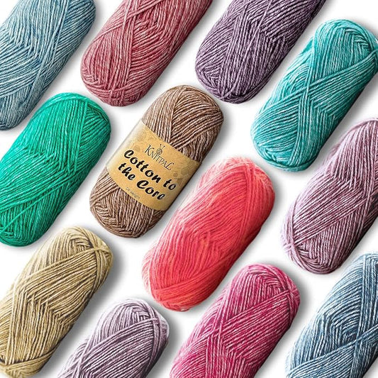 Cotton to The Core Cotton Yarn for Crocheting, 12-Pack (1704 Yds / 600G), Free Patterns, Beginners Friendly - Soft Baby Yarn for Knitting - 3 DK Light Worsted Weight - Jewel Pack