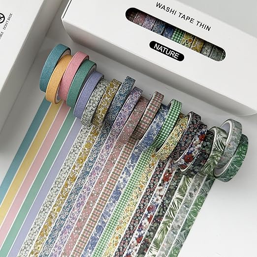 YUBX Vintage Washi Tape Set 20 Rolls Skinny Retro Decorative Antique Patterns Masking Tapes for Arts, DIY Crafts, Journals, Planners, Scrapbook, Wrapping (Nature)