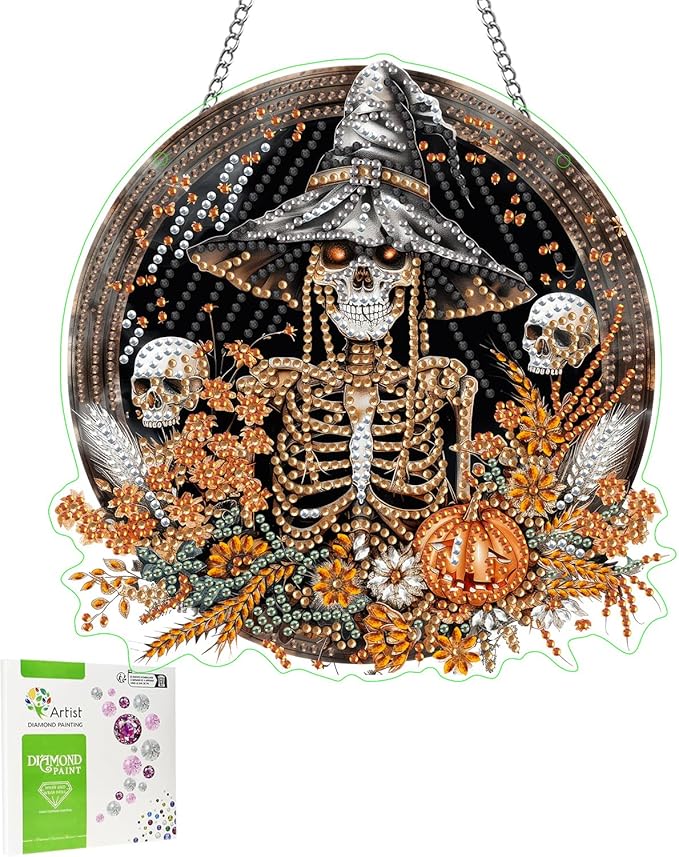 LOMSIOY Diamond Art Hanging Kit for Adult, Halloween Front Door Sign Window Decor for Outdoor, Skeleton Double Sided Summer Decor Suncatcers for Porch, Hanging Pendants for Garden Wall （8x8 Inch