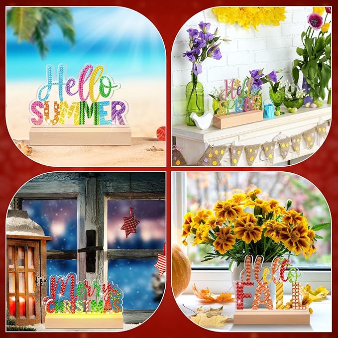 Chunful 13 Pcs Interchangeable Seasonal Diamond Art Tabletop Holiday Diamond Art Painting Kit with Wooden Light Base for Table Tiered Tray Home Office Tabletop Centerpiece Decor (13 Pcs,Simple Style)