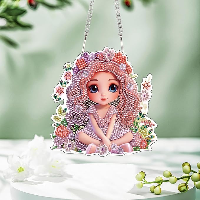 AiYuanzsh DIY Beautiful Girl Diamond Art Hanging Kit, Floral Special-Shaped Crystal Diamond Painting Pendant Ornament for Home Wall Decor Gift for Adults