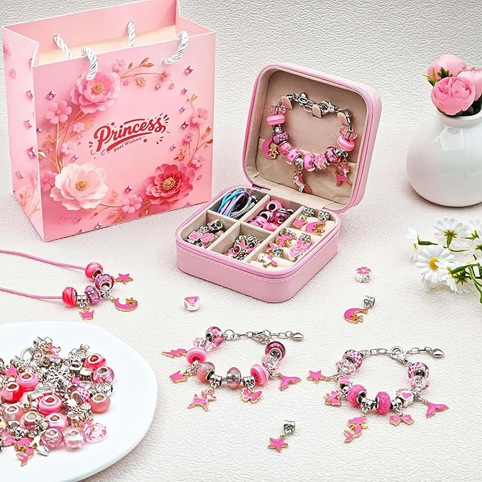 ONADEBY Charm Bracelet Making Kit - Pink DIY Jewelry Making Kit for Girls, Friendship Bracelet Kit with Portable Jewelry Box Bag Packing for Birthday Christmas New Years Easter Valentine Craft Gifts