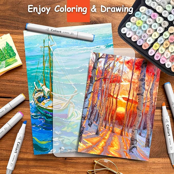caliart pastel markers, 100 colors dual tip art markers sketch pens permanent alcohol based, with case for adults artists drawing illustration sketching coloring