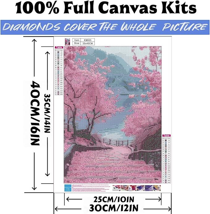 Diamond Art Kits for Adults Cherry Blossom Road, DIY 5D Diamond Painting Kit for Beginners, Full Round Drill Gem Art Dots for Adults, Diamond Dots Paintings Crafts Home Wall Decor 12X16 Inch