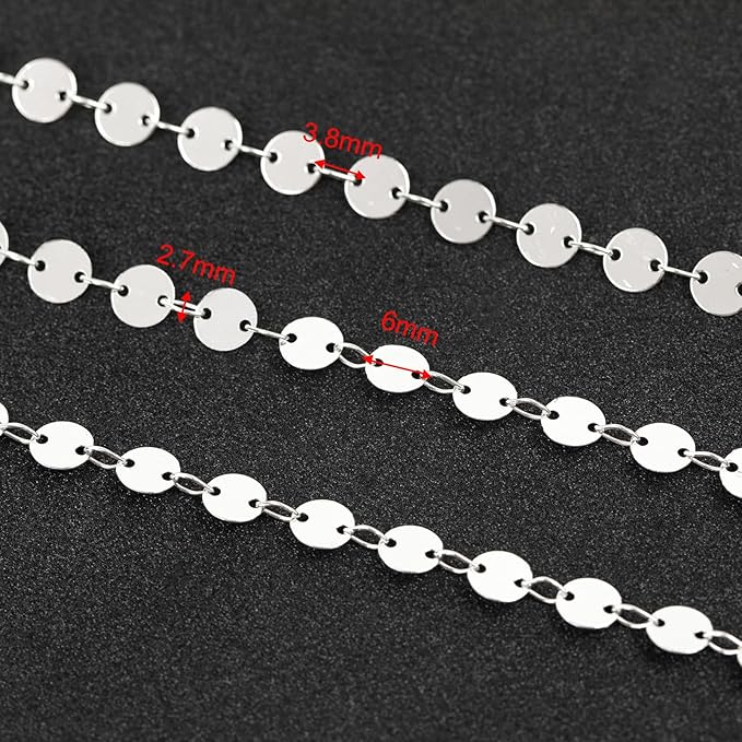 YOUBEIYEE 16.4 Feet Silver Sequin Chains for Jewelry Making Silver Plated Brass Jewelry Chain Roll with Jump Rings and Lobster Clasps