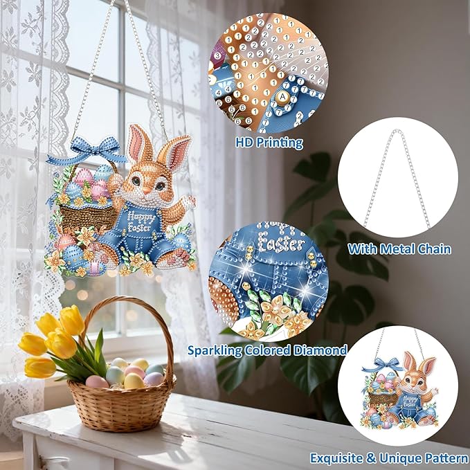 DOMROM Rabbit Diamond Art Hanging Kit for Adults, Easter Special Shaped Crystal Diamond Painting Rabbit Pendant, DIY Diamond Art Suncatchers Animal for Home Garden Wall Decor Gift