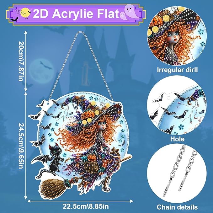 MUNORIAY Diamond Art Hanging Kit for Adult,Special Shaped Rhinestone,5D DIY Acrylic Double Sided Diamond Art Painting Window Pendants,Home Garden Wall Decor Hanging Ornament (Halloween Witch)