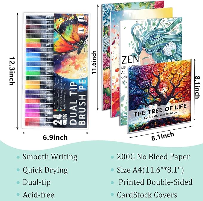 Adult Coloring Book for Women Relaxation, Mindfulness Coloring Book with 24 Dual Tip Markers, Stress Relief Gifts for Women with 128 Patterns Include Tree Garden Zen Meditation Style (4 Pack)