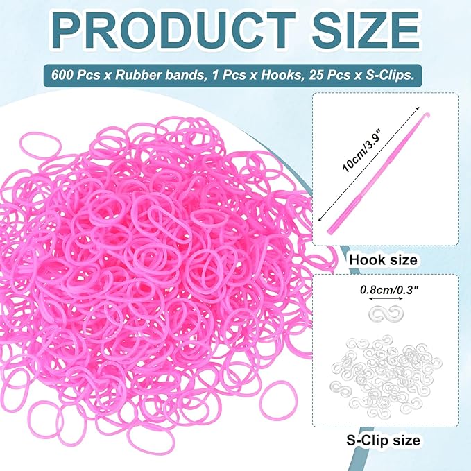 MECCANIXITY 600 Pcs Loom Rubber Bands Kit with 25 Pcs S-Clips 1-Hook Rubber Bands Refill Bracelet Making Kits for Weaving DIY Handcrafts Gift, Pink