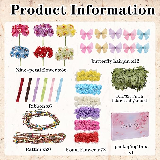 DIY Flower Crowns Making Kit, 145 Pcs Butterfly Rose Floral Headband Craft Kit, Handmade Creativity Fairy Flower Hair Accessories Set for Women Birthday Party Make Your Own Arts Creative Gifts