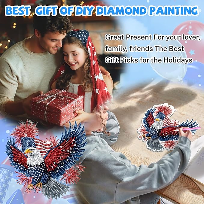 Bowetile Independence Day Bald Eagle 5D Diamond Art Hanging Kits for Adults, 4th of July Diamond Painting Window Pendant Kits, Special Shape Gem Art Suncatchers Ornament for Home Garden Wall Decor