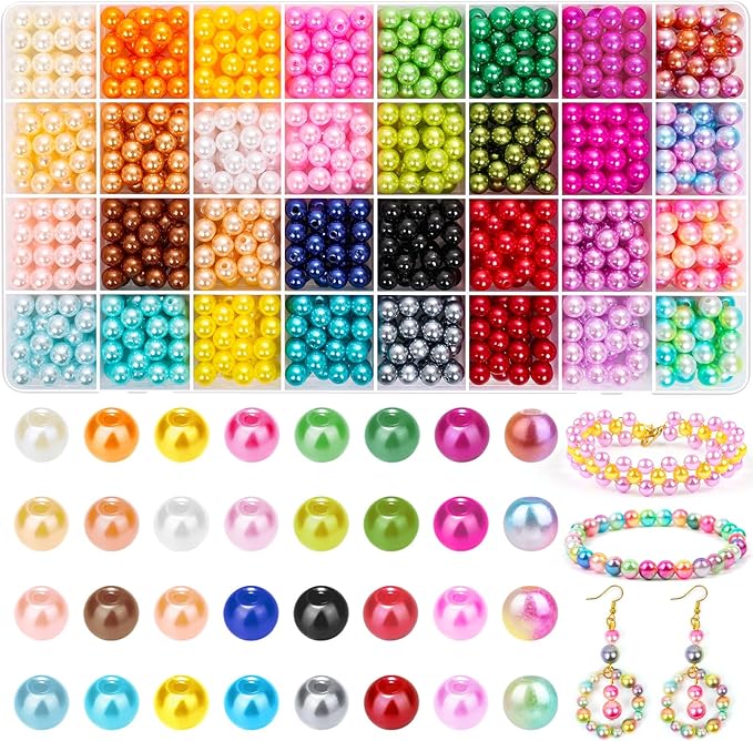 Jollidecor Pearl Beads for Jewelry Making, 8MM 32Colors Round Pearls with Holes, 1000Pcs Handcrafted Colorful Loose Spacer Small Filler DIY Craft Bracelet Necklace Earrings Making, 082