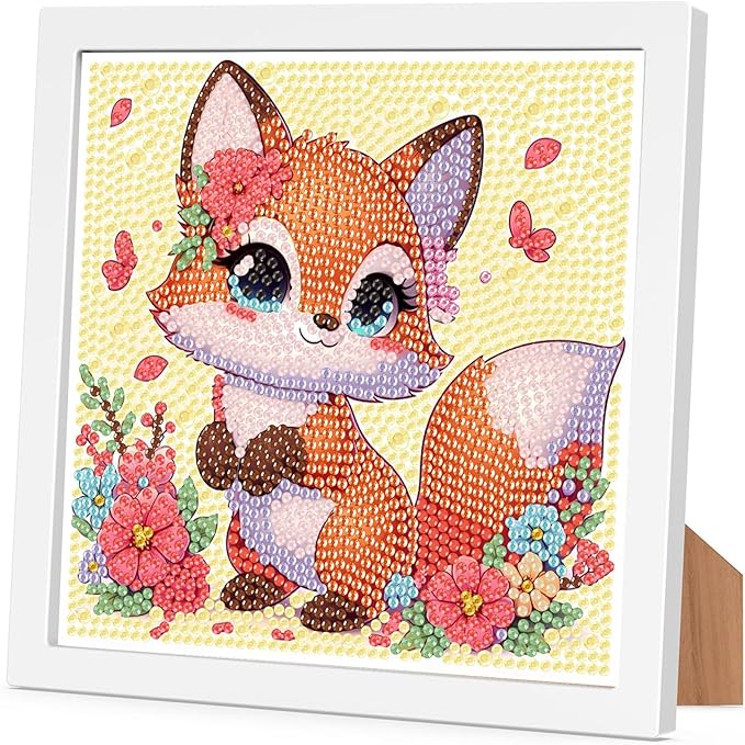 Fox Diamond Art Painting Kits for Kids with Frame, Animal Diamond Art for Kids Ages 4-8-12 with Frame, Easy Small Cute Gem Painting Kit for Gift Home Wall Decoration (7x7 inch)