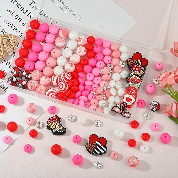 121 Pcs Valentines Day Themed 12mm 15mm Silicone Beads Kit for Keychain Making Heart Beads Round Focal Beads for Pens Bracelets Necklace DIY Crafts Jewelry Making
