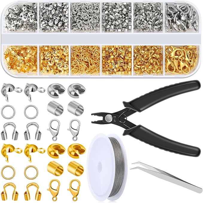 Acejoz 1200 Pcs Crimp Beads Supplies for Jewelry Making, Including Crimp Covers, Crimp Tubes and Wire Guardians, Lobster Clasps, Jump Rings, Crimping Pliers and Beading Wire for Bracelets Making