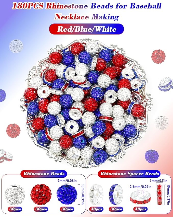 180pcs fiveizero 10mm rhinestone beads for jewelry making – sparkly round crystal clay beads & spacers in patriotic baseball team colors for bracelets, necklaces & diy crafts (red, blue, white)