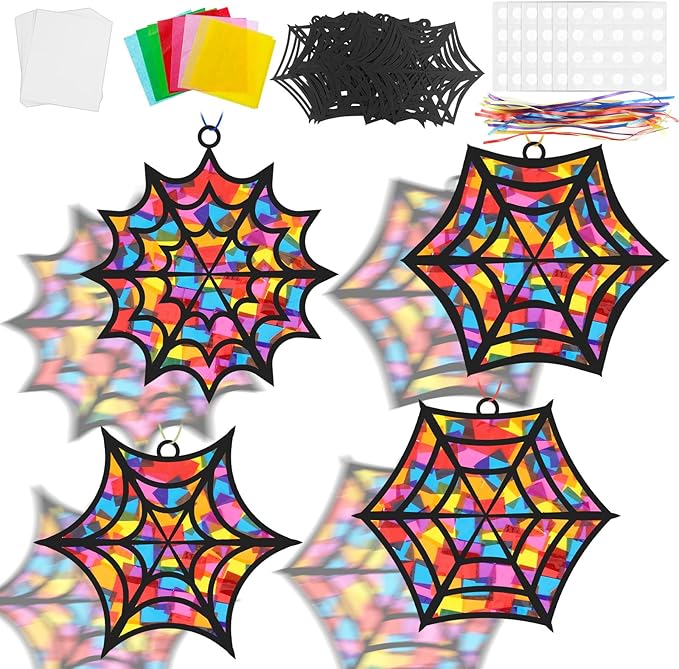 32Pcs Halloween Suncatcher Kit Halloween Window Art DIY Suncatcher Crafts for Kids Spider Web Sun Catcher Craft Stained Glass Effect Tissue Paper Halloween Party Favors Kids Classroom Decor