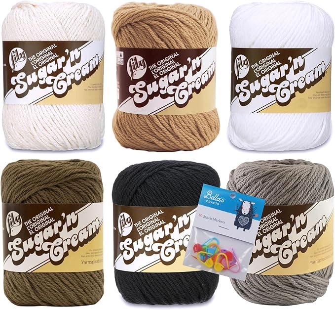 Lily Sugar'n Cream 100% Cotton Yarn 6-Pack Bundle with Bella's Crafts Stitch Markers (Neutrals)