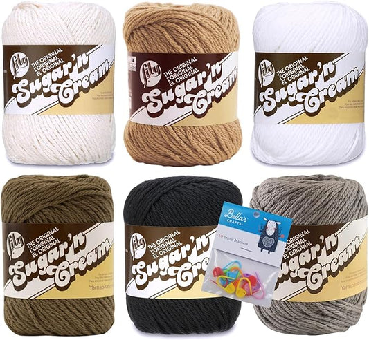 Lily Sugar'n Cream 100% Cotton Yarn 6-Pack Bundle with Bella's Crafts Stitch Markers (Neutrals)