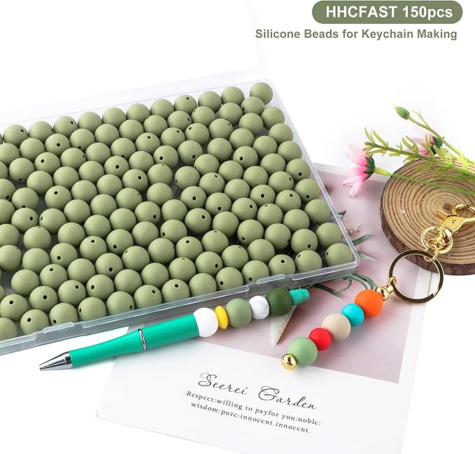 150Pcs 15mm Silicone Beads for Keychain Making Bracelet Necklace, Bulk Round Silicone Beads for Pens（Matcha Green）