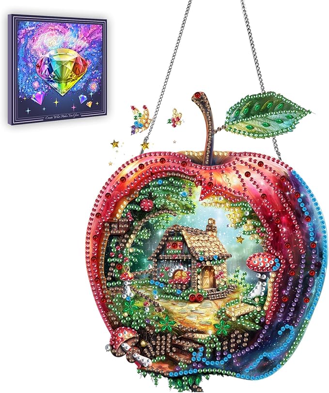 Ginfonr Diamond Painting Kits Hanging Pendant, Apple Diamond Art Kits for Adults, Special Shaped Rhinestone Magic House Diamond Art, Double Sided Home Hanging Kits for Garden Wall Window 8 x 8 inch
