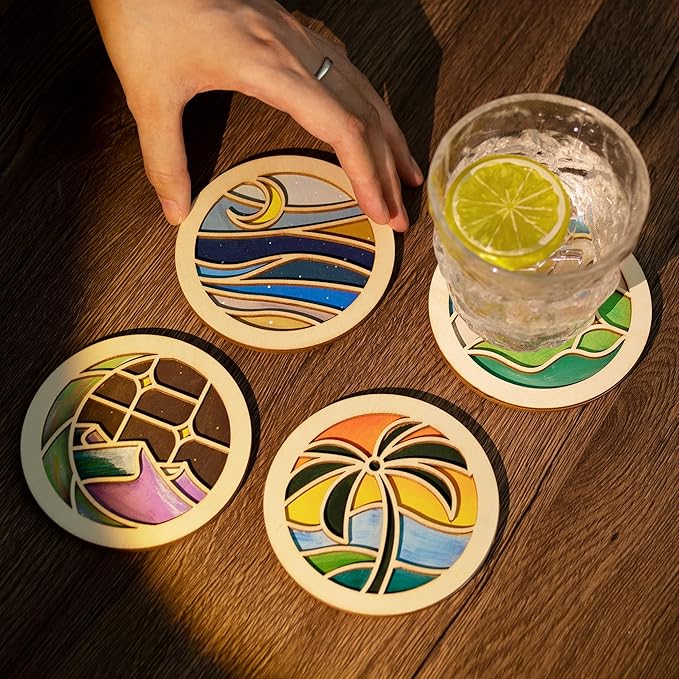 Temlum Wooden Coasters Painting Kit, Paint You Own Coaster Wooden Painting Craft Kit for Adults and Beginners Art Craft Supplies (Landscape)