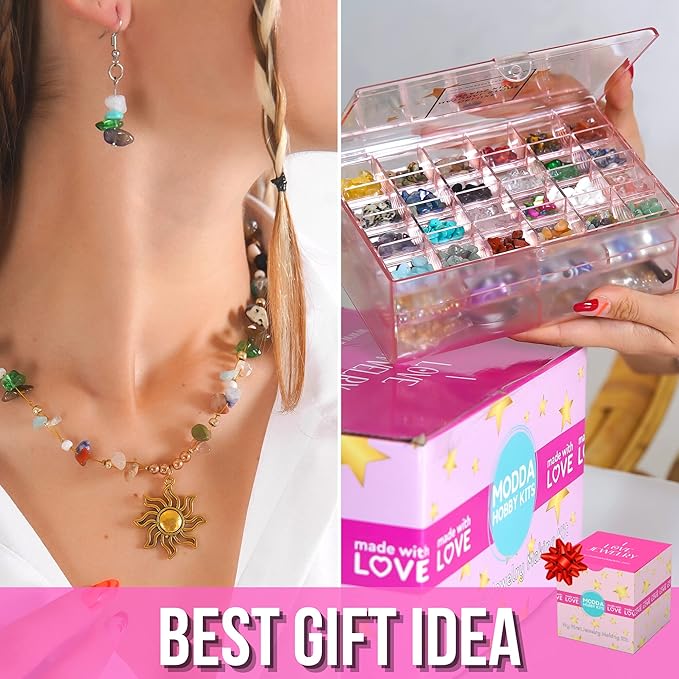 MODDA Natural Stone Jewelry Making Kit for Adults, Women. Includes Video Course, Crystal, Lava, Chakra Beads, Necklace, Bracelet, Earrings, Ring Supplies for Adults