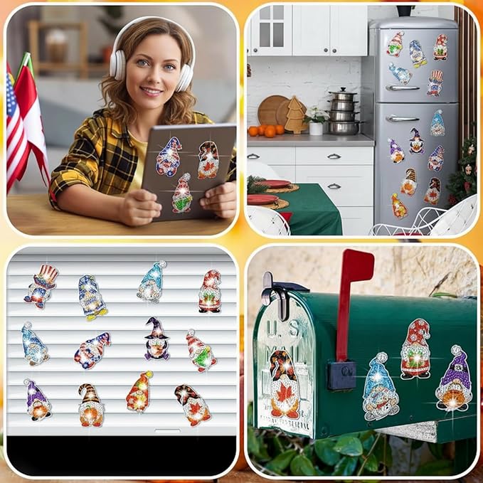 Frienda 12 Pcs 4th of July Diamond Art Magnets Refrigerator Patriotic Diamond Painting Magnets Holiday Gnome Easy Kits Interchangeable for Adults Beginners DIY Gnome Home Decors Gifts Craft