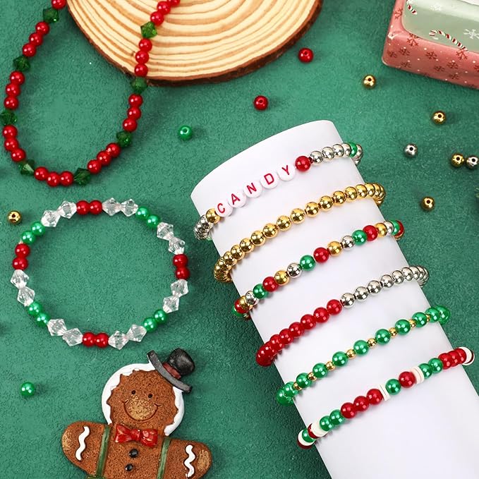UPINS 1200Pcs Christmas Pearl Beads, Red Green Gold Silver Round 6mm Pearl Beads for Making Christmas Holiday Party Decoration Beads DIY Crafts Supplies