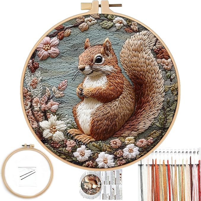FONNUY Funny Squirrel Floral Embroidery Kit, Cross Stitch Kits for Beginners, Handmade Crafts with Printed Patterns for Beginner Adults, Easy to Follow Color Thread Needlework, 8'' Hoop (Happy)
