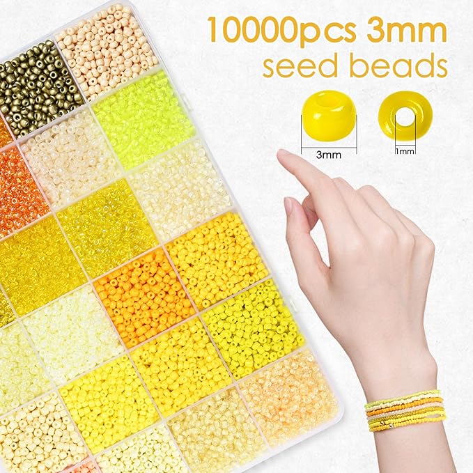 Vtssvow 3mm Glass Seed Beads for Bracelets Making, 24 Colors 10000pcs Friendship Bracelet Making Kit, Small Glass Beads for Jewelry Making (Mix 24 Color, Yellow)