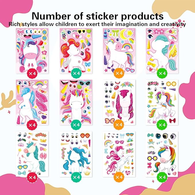 48 sheets make your own unicorns stickers for kids toddlers, make a fantasy face stickers for girls birthday party favors activities, valentines day gifts for kids classroom