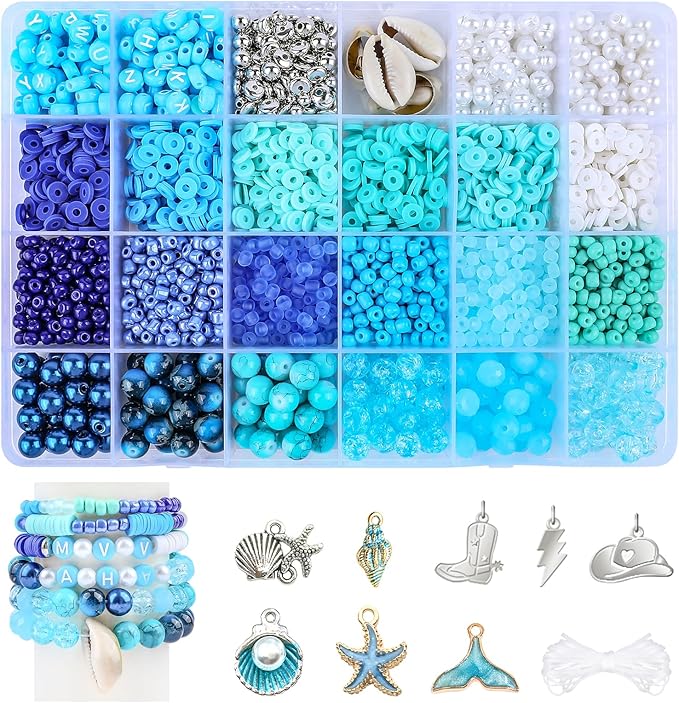 Blue Clay Beads for Bracelet Making Kit, 24 Colors 3500pcs Friendship Bracelet Making Kit, Small Glass Beads for Jewelry Making, Blue Ocean Series Colorful Crystal Beads and Crafts DIY Gifts