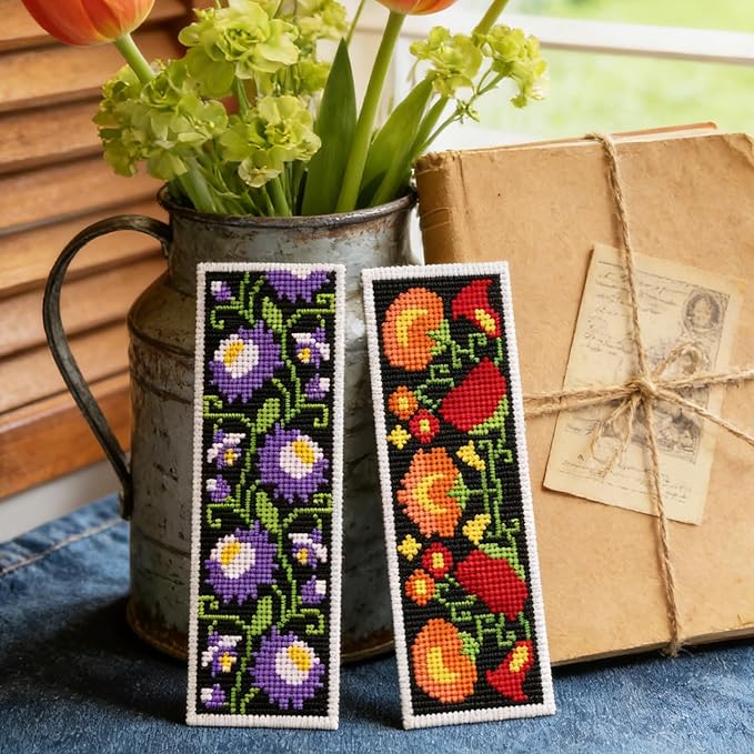 ACRNIGHEET 6PCS Cross Stitch Kits Stamped Cross Stitch Bookmark Kit for Beginner Adults Easy Flower DIY Embroidery Bookmark Kit Needlepoint Kits with Instructions Book Lovers Craft Gift 8.5''x3'' 11CT
