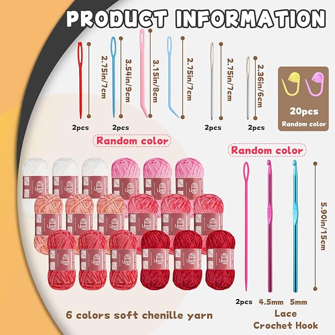 LUNARM 18 Skeins Chenille Yarn for Crocheting, Handmake Weaving Thick Soft Chunky Yarn for Blankets Clothes Crochet Craft with Crochet Hooks Needles Stitch Markers,3.53oz/Skein(Pink Series)