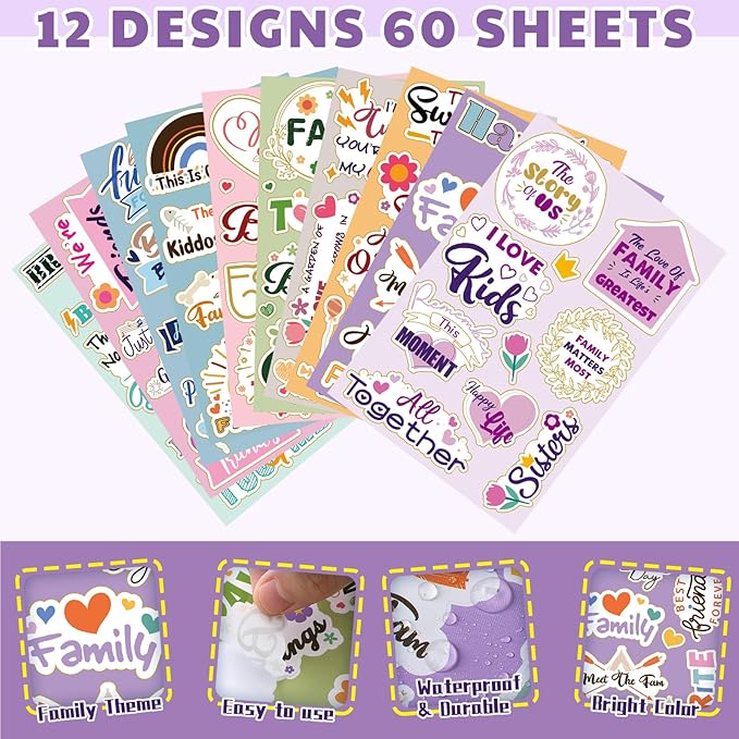Qilery 60 Sheets Family Scrapbook Stickers Friend Theme Waterproof Scrapbooking Supplies Stickers Set Family Decals Decor for Water Bottle Laptop Photo Album Planner Embellishment