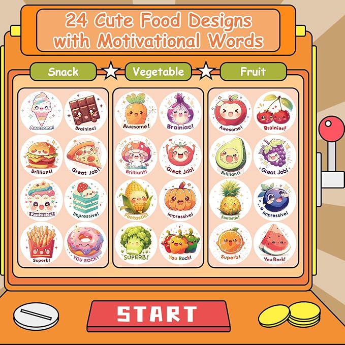 3 rolls cute food stickers for toddlers 2-4, 24 designs fruit/vegetable/snack stickers bulk for kids, 1500 pcs motivational vinyl stickers for teacher classroom prizes, homeschool supplies(1.0 inch)