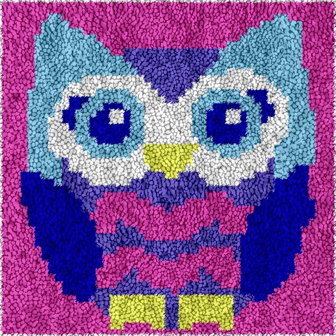 Yglnden Latch Hook Kits Rug Owl Crochet Yarn Cushion Colour Pre-Printed Canvas Rug Needlework DIY Hook and Latch Kit Christmas Home Decoration 30x30cm/12 X12inch