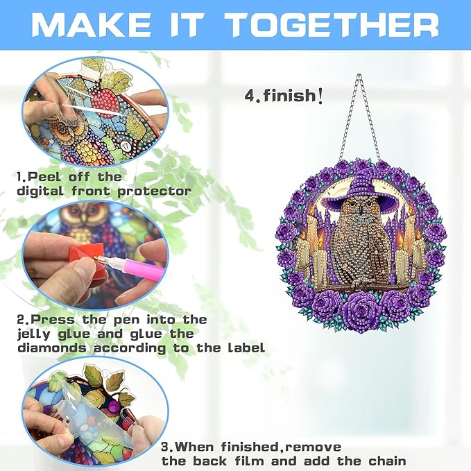 VAIIEYO Owl Diamond Art Hanging Ornament, Animal Rose Diamond Painting Suncatchers Window Hanging Kit with Chain, 7.5x7.5 inch Crystal Pendant Art Craft for Gift Home Wall Front Door Decoration