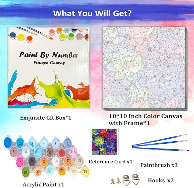 JUJUHOOD Succulent Plant Framed Paint by Numbers Kit for Adults Beginner & Kids Ages 8-12,Easy Paint by Number Without Easel, Acylic Paint by Numbers for Gift Home Wall Decor (10x10Inch)