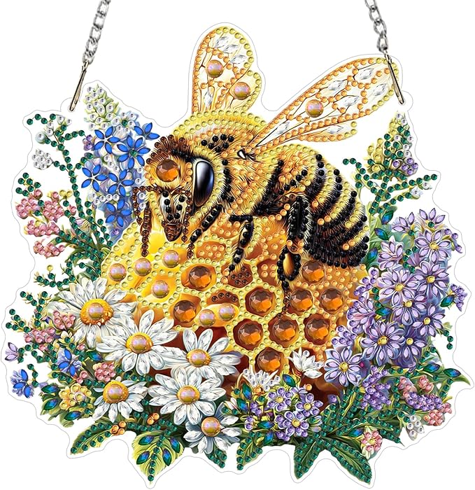 Lxmsja DIY Elegant Bee Diamond Painting Hanging Ornament, Double-Sided Acrylic Honeycomb Diamond Art Kit, Special Shaped Suncatcher Hanging Pendant Window Art Kit