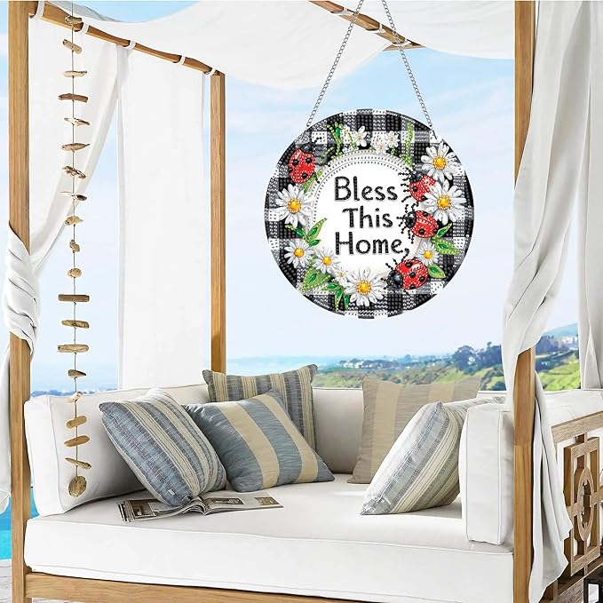 VAIIEYO Bless Diamond Art Hanging Ornament, Home Diamond Painting Suncatchers Window Hanging Kit with Chain, 7.5x7.5 inch Crystal Pendant Art Craft for Gift Home Wall Front Door Decoration