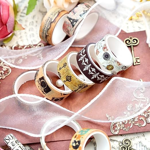 Vintage Washi Tape Set, 16 Rolls, Multicolored, 3m x 15mm, Travel Themed Designs, Ideal for Scrapbooking, Journaling, Gift Wrapping